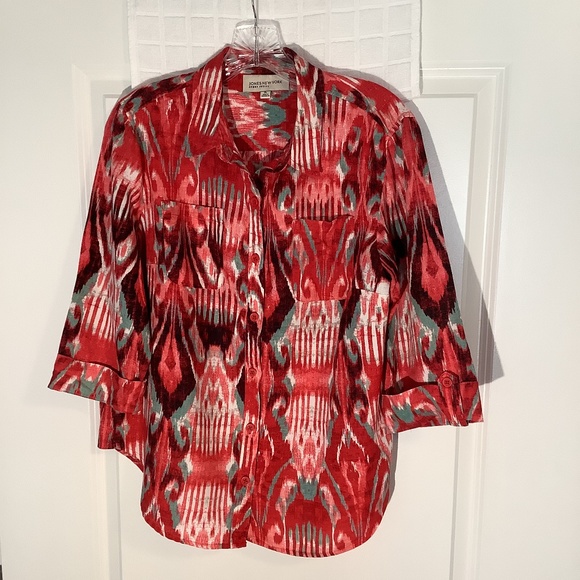 Jones New York Sport Petite Linen Button Down Top Red/White/ Black Size PL - Picture 1 of 5
